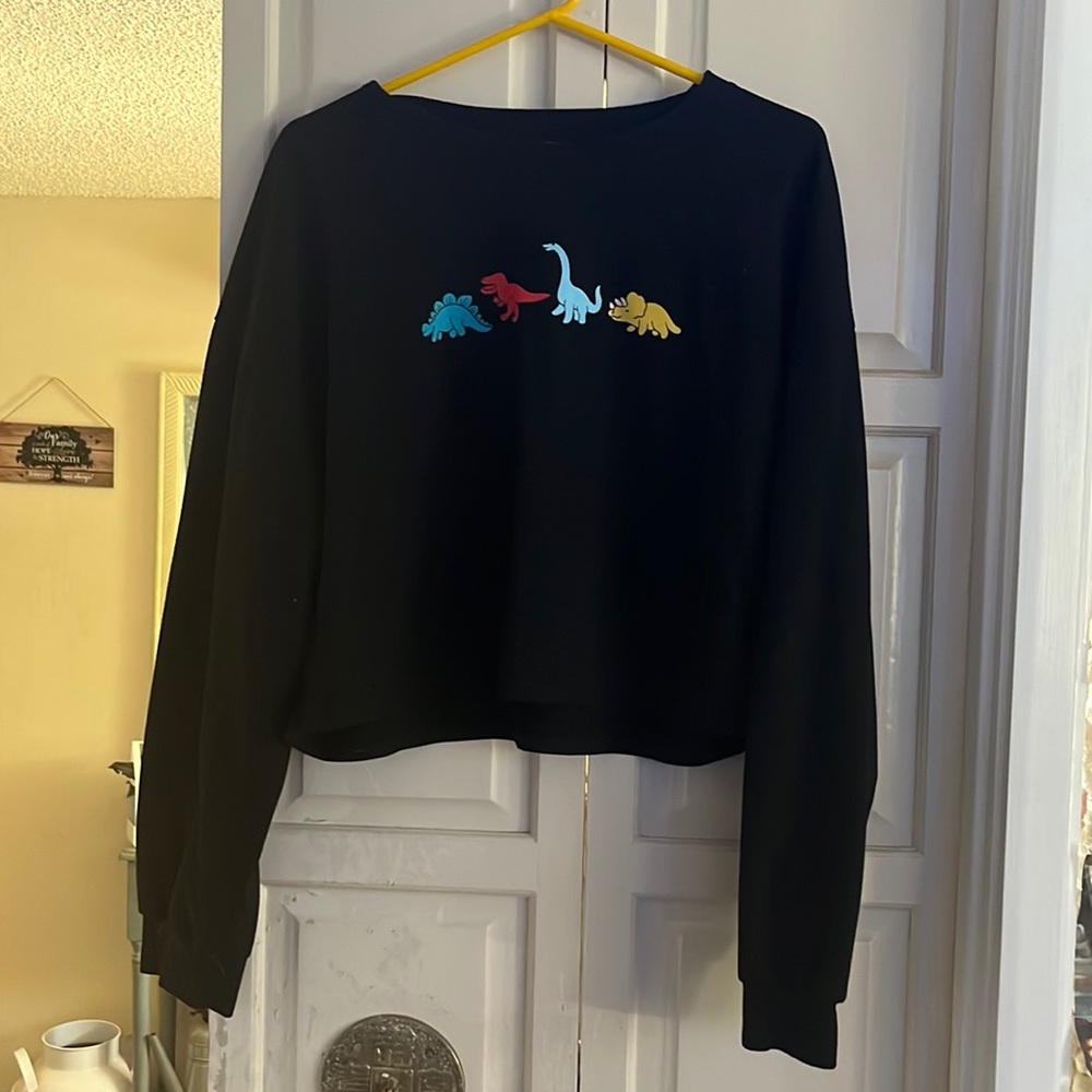 Women’s black scoop neck multi color dinosaur cropped sweater